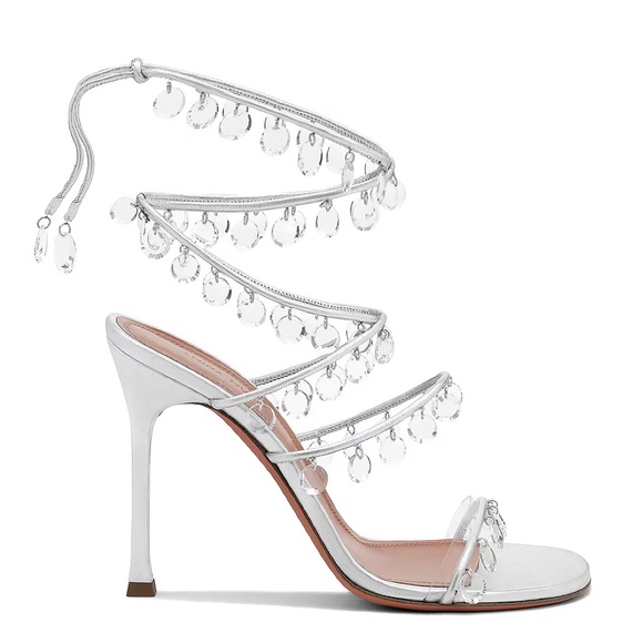 Amina Muaddi Tina Leather Ankle-Wrap Sandals With All Over Crystals-Appliques - Picture 6 of 15